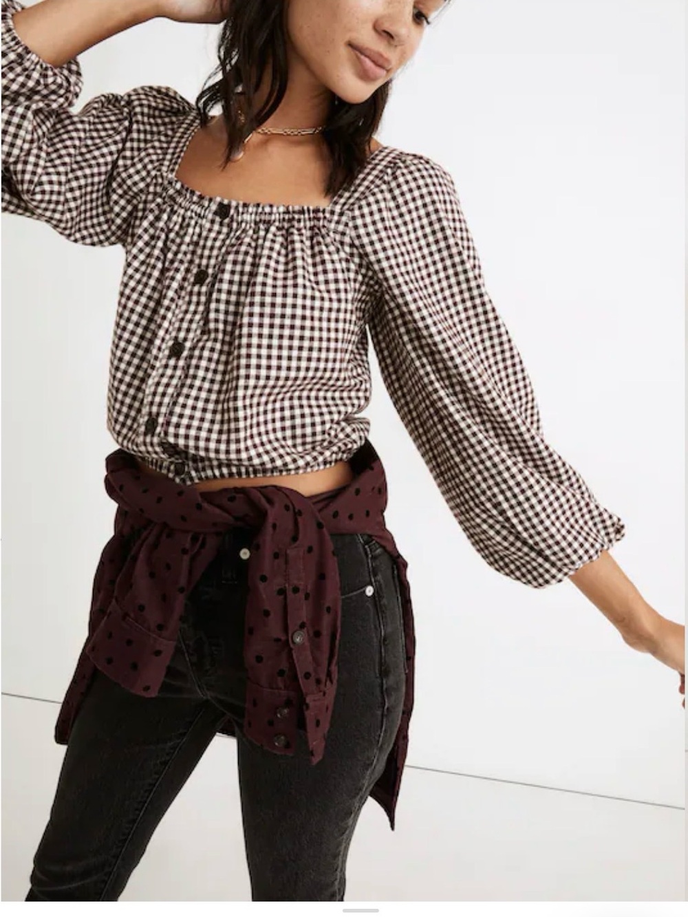 Madewell Puff-Sleeve Button-Front Crop Top in Plaid (Chocolate Raisin) - Small